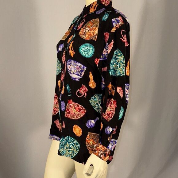 Vintage Diane Von Furstenberg Funky Print 100% Silk Button Down Shirt Small - Picture 8 of 11